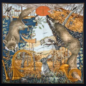 Chasse au Bois Hermes Scarf by Carl de Parcevaux 90cm Silk Navy Border