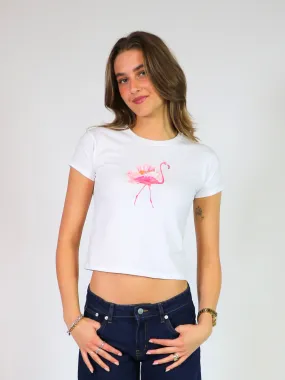 FLORAL FLAMINGO BABY TEE - HVID