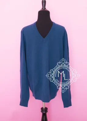 Hermes Blue de Prusse V-Neck Cashmere Sweater L