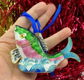 Amazing vintage 1980s cloisonné style fish Christmas tree ornament.