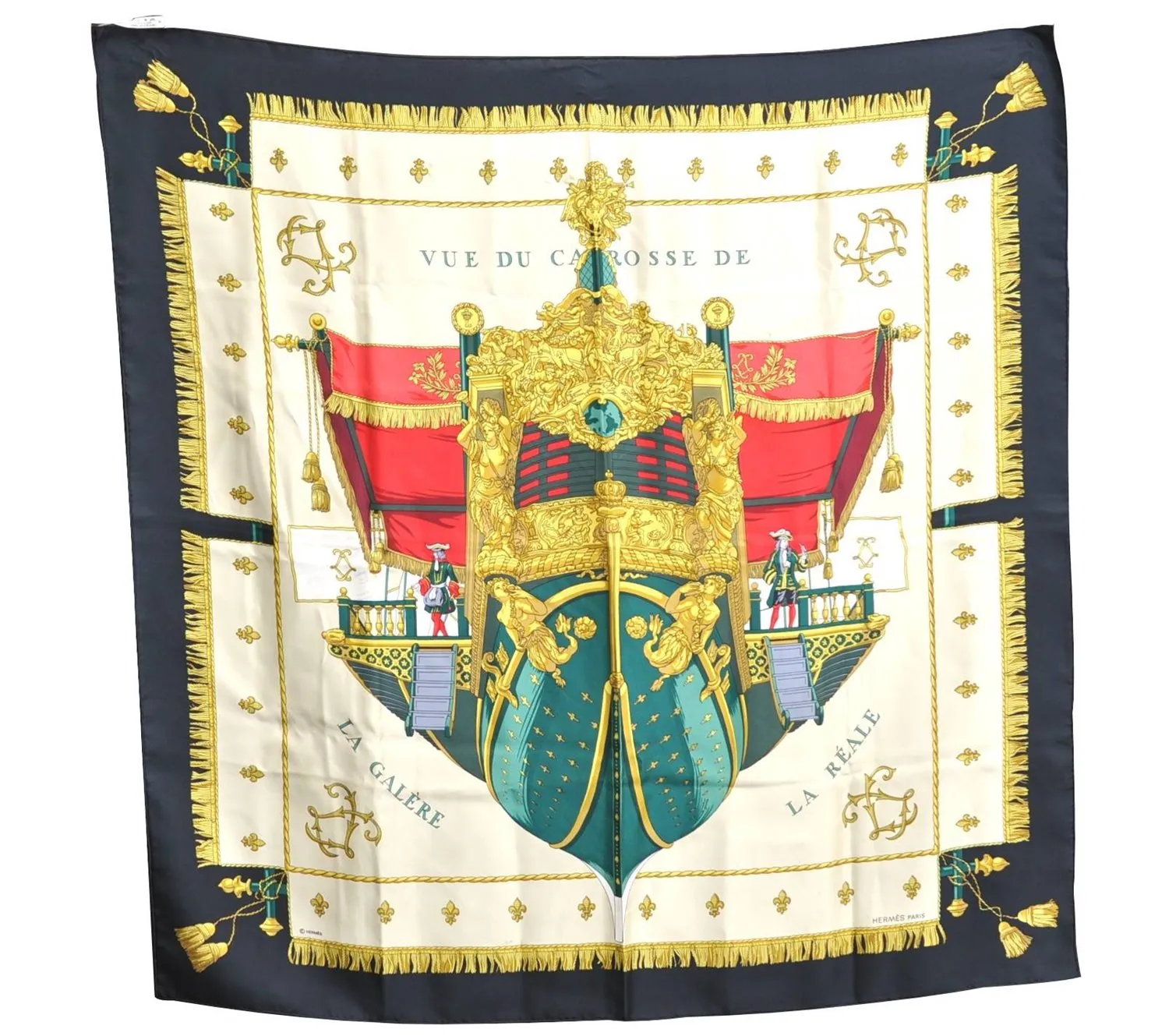 Auenticth HERMES Carre 90 Scarf "VUE DU CARROSSE DE LA GALERE" Silk Black H6999