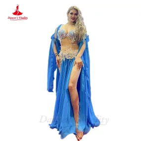 Belly Dance Competition Costume Suit for Women AB Stones Bra chiffon Skirt sleeves 3pcs Customsized Children Female Poprong Suit