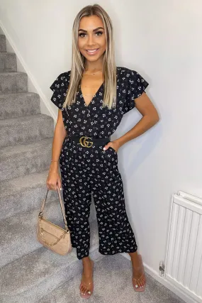 Black Ditsy Floral Wrap Over Jumpsuit