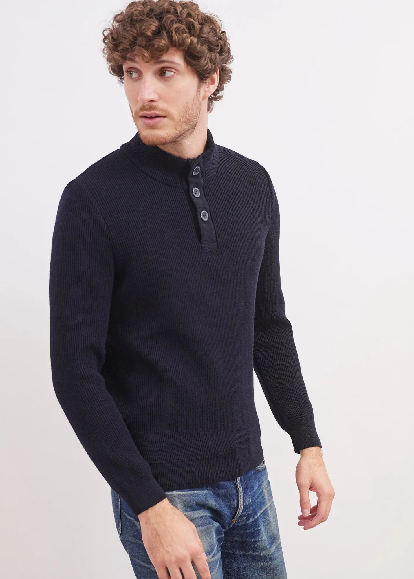 BOURBOULE - Buttoned High Collar Sweater for Men | Comfort Fit | 100% Wool (NAVY)