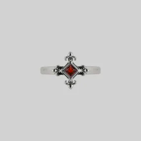 CRIMSON. Medieval Fleur de Lis Garnet Ring - Silver