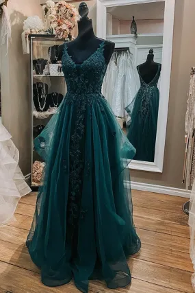 Dark Green Lace Beaded Long Prom Dresses, V Neck Backless Evening Dresses  SH789