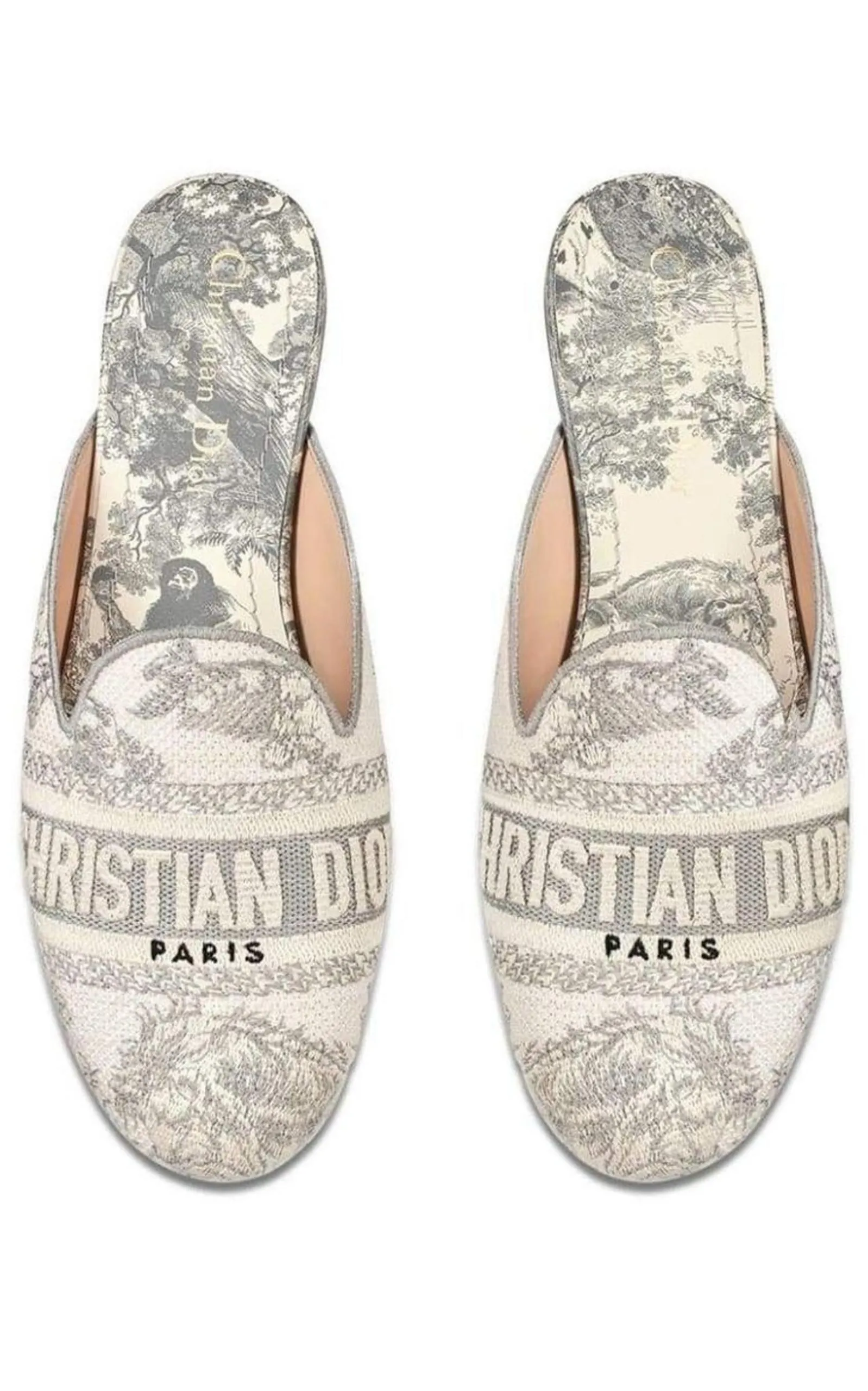 Dior Toile de Jouy Motif Flat Mules in Grey Stone