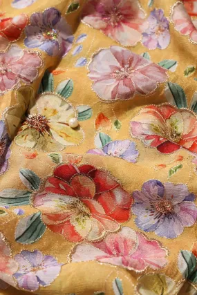 Floral Position Print On Sequins Embroidery Yellow Viscose Chinnon Chiffon Fabric