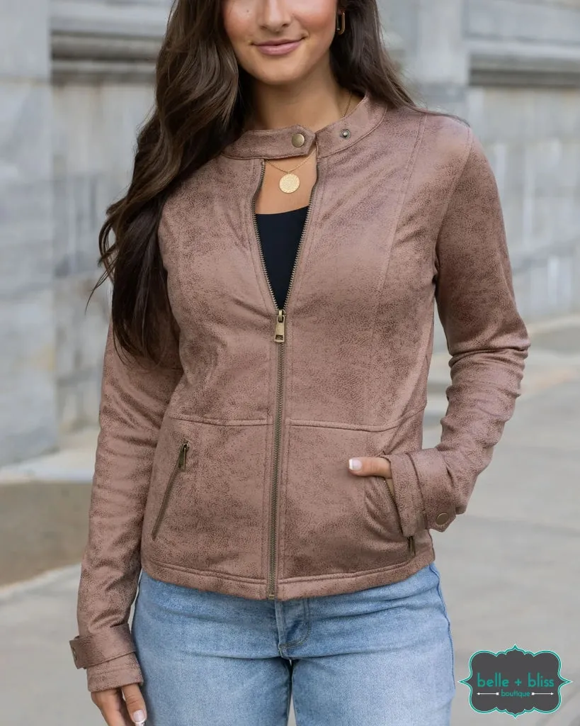 Grace and Lace Leather Like Cafe Racer Jacket - Taupe