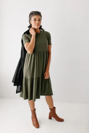 'Josie' Ribbed Tiered Midi Dress in Deep Olive