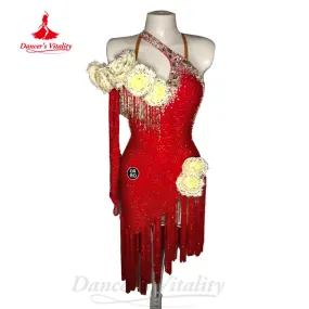 Latin Dance Costumes Customized Luxury Rhinestone Flowers Tassel Dress for Adult and Children Tango Chacha Performance Clothing