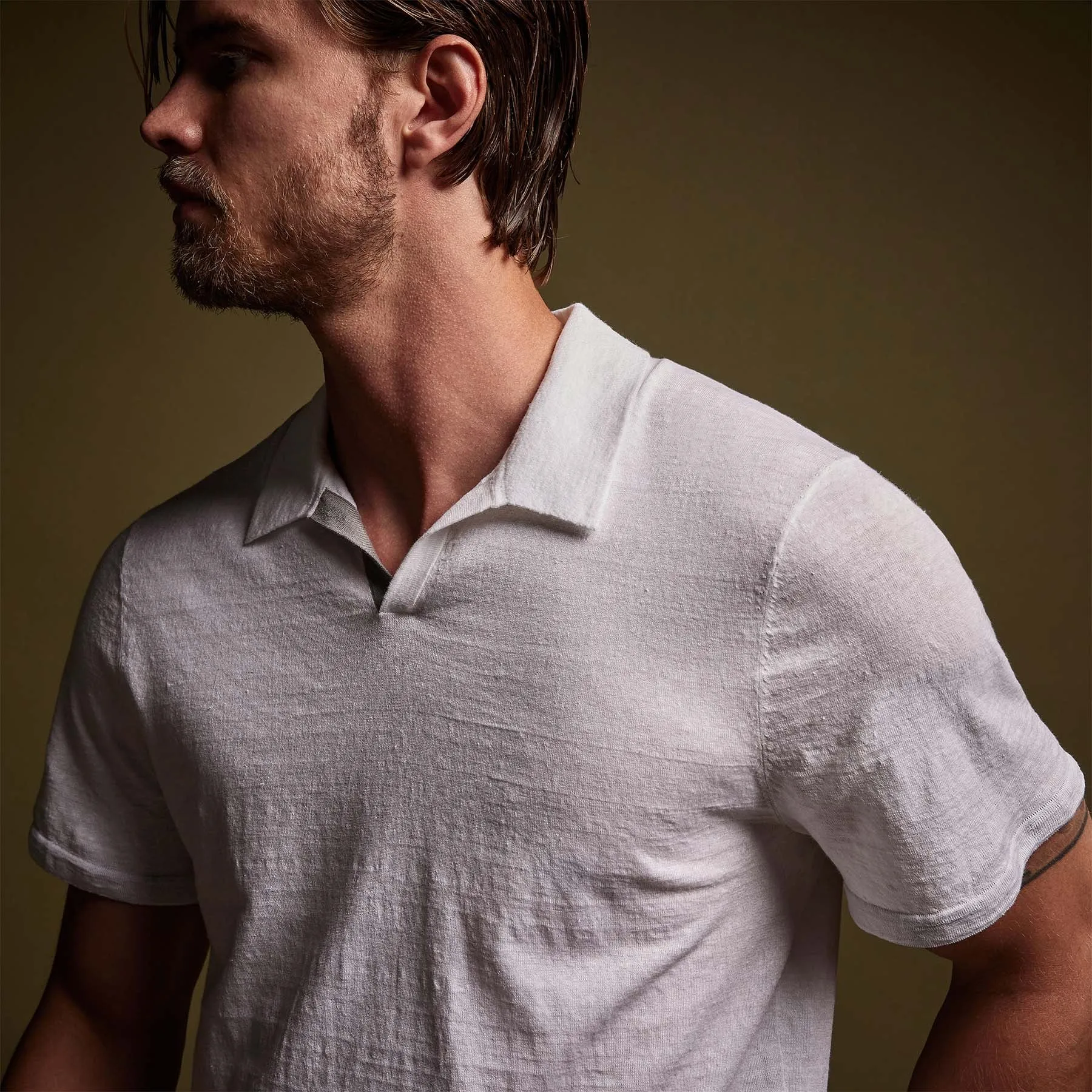 Linen Blend Contrast Polo - White/Silver Grey