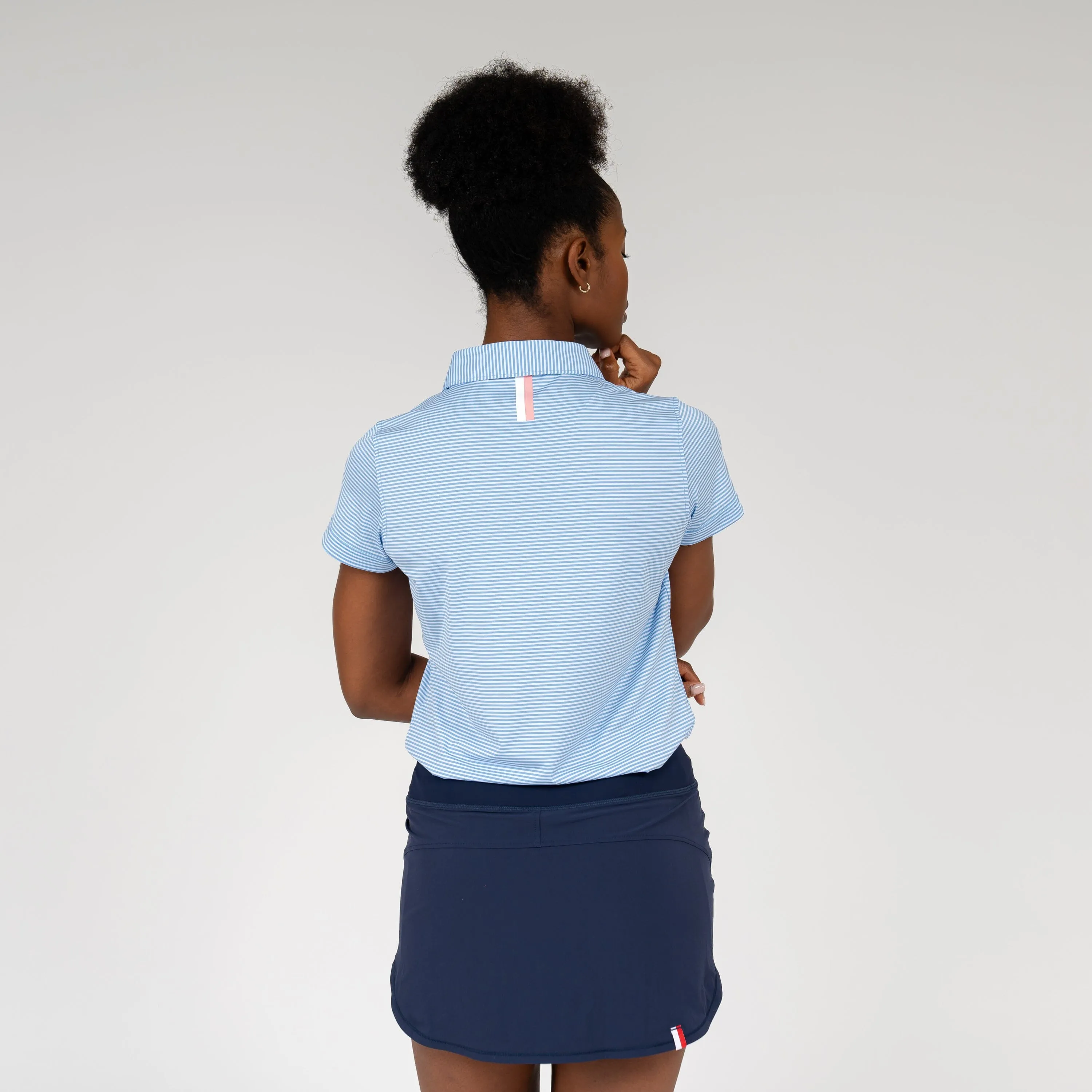 Marigold Stripe Performance Polo | The Marigold Stripe - Lake Blue/White