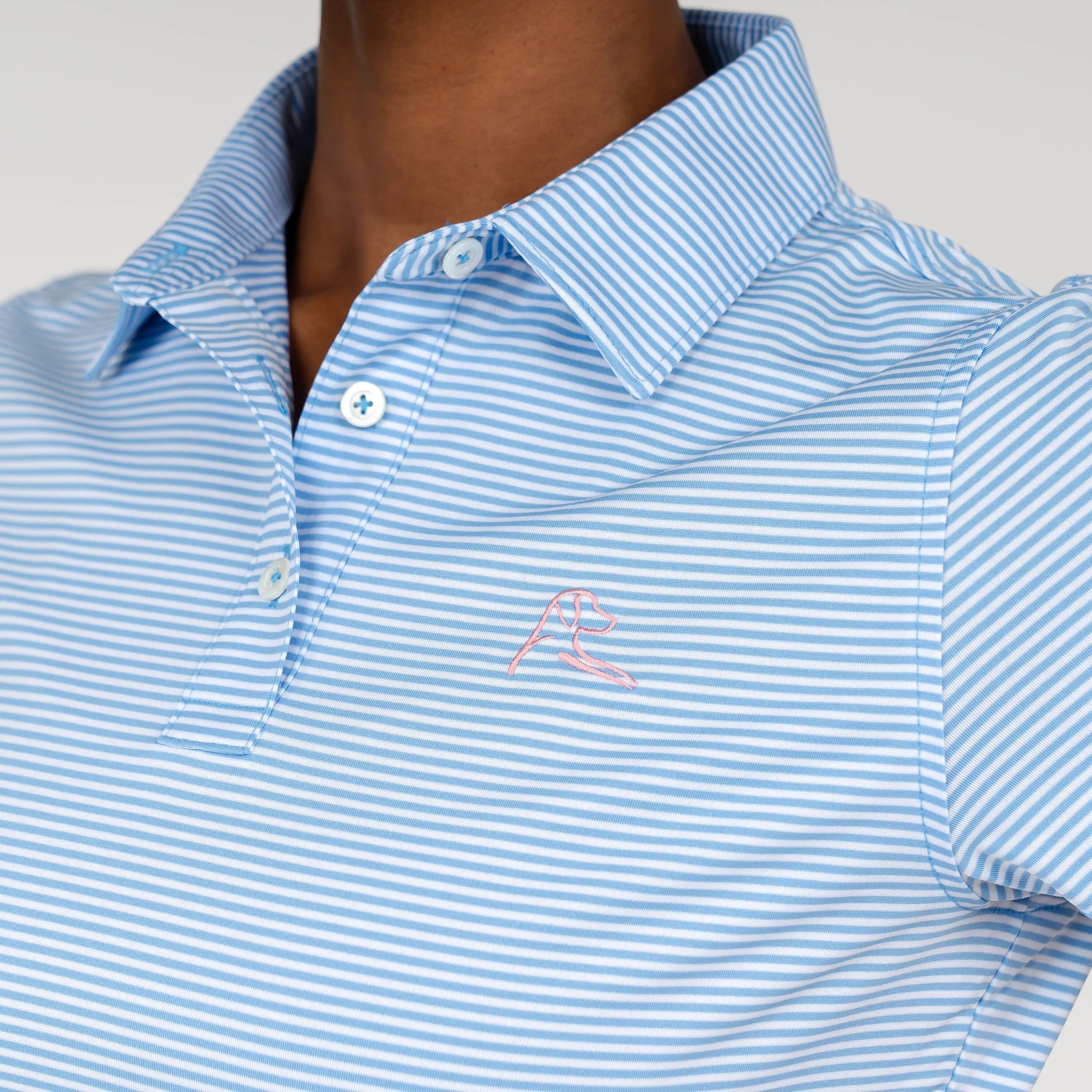 Marigold Stripe Performance Polo | The Marigold Stripe - Lake Blue/White