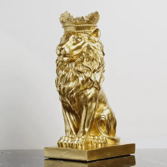 Nordic Resin Lion Sculpture with Crown - Majestic Animal Figurine Statue