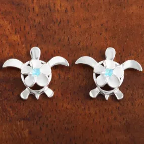 Sterling Silver 8mm Plumeria with Blue CZ on Honu (Hawaiian Turtle) Post Earrings