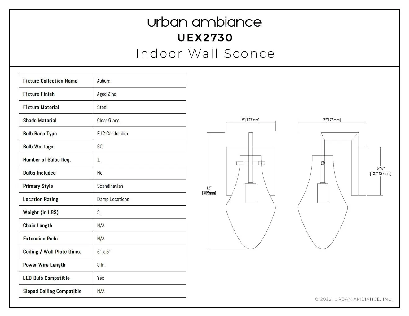 UEX2730 Scandinavian Wall Sconce 12''H x 5''W, Aged Zinc Finish, Auburn Collection